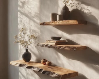 Handgefertigtes schwebendes Regal aus Massivholz - rustikales Live Edge-Dekor