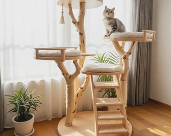 Rustic Solid Wood Cat Tree – Handmade Natural Wood Cat Tower Stand, Large Play Structure