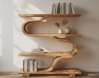 Organische skulpturale Holz Bücherregal mit geschwungener Form für Wohnzimmer oder Büro
