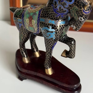 Vintage Chinese Cloisonné Horse Figurine with Wooden Stand - Handcrafted Enamel Art Collectible