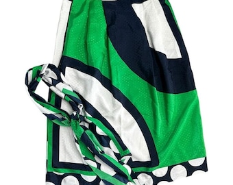 Vintage Mod Geometric Skirt & Scarf Set Green Navy White Polka Dot Abstract