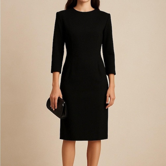 knee length dresses for ladies Plus Size Midi Dress 3/4 Sleeve Crew Neck - Black