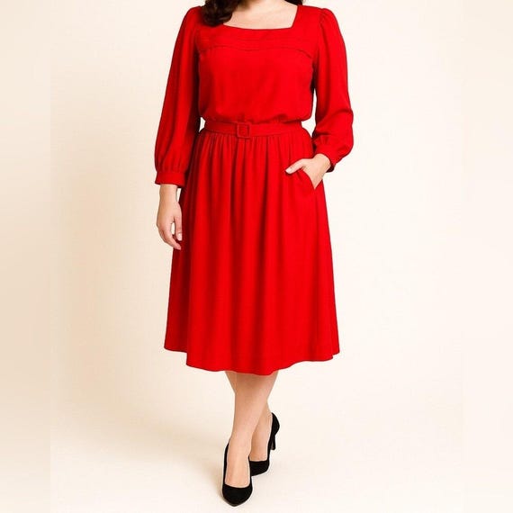 Vintage Leslie Fay Red Midi Dress | Union Made Size 14 Belted Long Sleeve