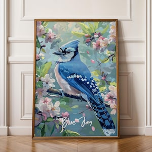 Poster da parete con ghiandaia azzurra - Stampa con illustrazione di uccello per decorazioni naturalistiche, decorazione da parete con animali selvatici, regalo con uccello azzurro, decorazione rustica per la casa