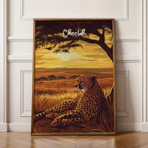 Stampa artistica da parete con ghepardo - Poster di gatto selvatico, illustrazione di animali della savana, decorazione naturalistica, arte della fauna selvatica, regalo per gli amanti dei grandi felini