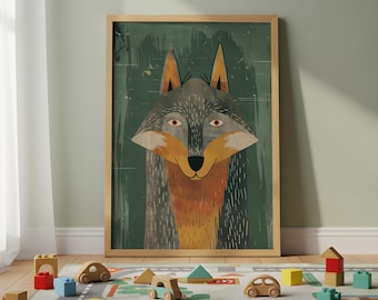 Muurkunst wolf kinderkamer – Bosdierenprint voor kinderen