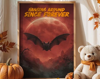 Halloween Bat Poster – Funny Gothic Wall Art with Red Moon and Vampire Vibes