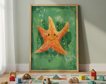 May include: A framed art print featuring a smiling orange starfish on a green background. The starfish has white spots and a happy face. The wooden frame is rectangular. The artwork is displayed in a room with a play mat and wooden toys.