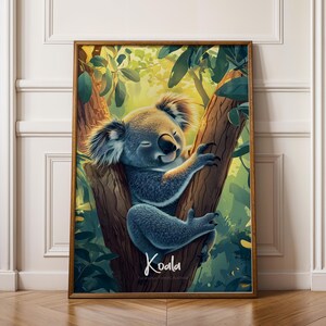 Lámina de koala para pared: póster de animales australianos, ilustración de vida silvestre, decoración infantil, arte animal adorable, regalo para amantes de la naturaleza