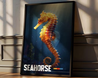 Póster enmarcado de caballito de mar: arte mural de animales marinos para la habitación de un bebé o un niño.