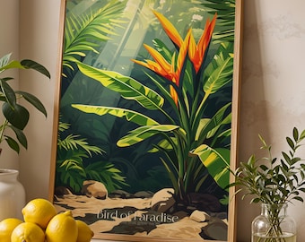 Impresión de flor de ave del paraíso: ilustración botánica tropical