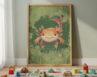 Axolotl Nursery Wall Art – Aquatic Animal Print for Kids