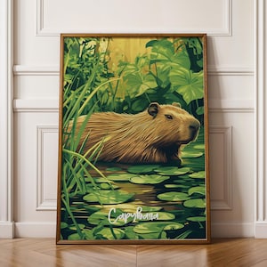Póster de pared de capibara: adorable impresión artística de animales para decoración del hogar, ilustración de vida silvestre, guardería o regalo de oficina.