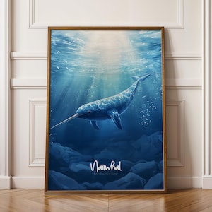 Stampa artistica da parete con narvalo, decorazione con animali dell'oceano per la cameretta dei bambini, la cameretta dei bambini e il regalo per gli amanti della fauna marina.