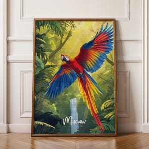 Stampa artistica da parete Ara – Poster Amazon Brasile, illustrazione di uccello tropicale, decorazione con animali della giungla, stampa colorata della natura, regalo esotico