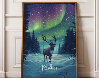 Nordic Reindeer Wall Art, Winter Cabin Decor, Matte Paper Print