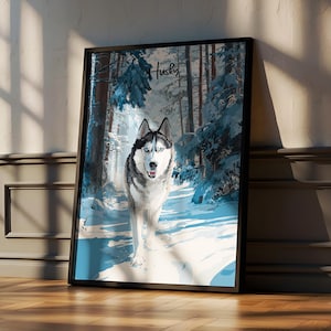 Husky Wall Art Print – Siberian Husky Poster for Dog Lovers, Office or Cabin – Blue-Eyed Dog Decor Gift