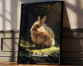 Puede incluir: Una lámina artística enmarcada que muestra un conejo cabeza de león de pelaje esponjoso marrón claro y blanco en un bosque musgoso iluminado por el sol. El texto Lionhead Rabbit aparece en letra blanca en la parte inferior del marco.