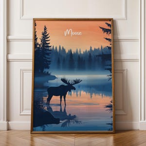 Poster da parete con alce - Stampa artistica rustica con animali selvatici per l'arredamento di una baita, regalo per gli amanti della natura, poster con animali della foresta, grande stampabile.