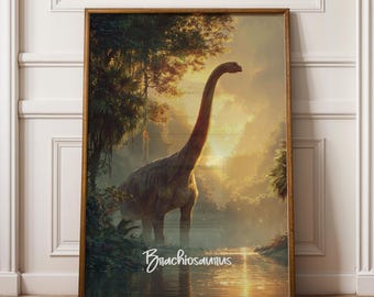 May include: A framed wall art print featuring a Brachiosaurus standing in a lush, sunlit prehistoric forest near a body of water. The word Brachiosaurus is written in white script at the bottom of the image within the wooden frame.