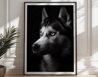 Czarno-biały nadruk z husky: nowoczesna sztuka ścienna z arktycznym psem