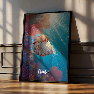 Nautilus Framed Poster: Marine Wildlife Print, Kids Room Decor