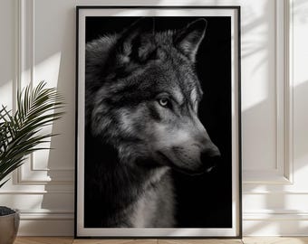 Black and White Wolf Print: Majestic Wildlife Poster