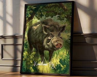 Lámina artística de cerdo Kunekune: decoración rústica de pared con animales de granja