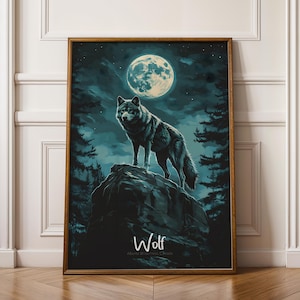 Stampa artistica da parete raffigurante un lupo - Poster sulla fauna selvatica, illustrazione di animali della foresta settentrionale, decorazione naturale, regalo per gli amanti degli animali, arte murale rustica
