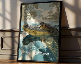 Póster enmarcado de caimán de anteojos: decoración de guardería en la selva, impresión de vida silvestre