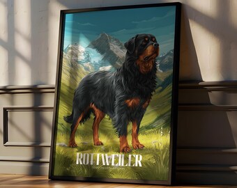 May include: A framed vertical poster featuring a black and tan Rottweiler standing in a grassy field with snow-capped mountains in the background. The word ROTTWEILER is printed in large white capital letters at the bottom of the image.