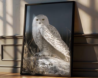 May include: A framed wall art print featuring a snowy owl with white and black speckled plumage perched on a rock amidst dry grass. The owl has bright yellow eyes and is looking forward. The text Snowy Owl is written in white script at the bottom.