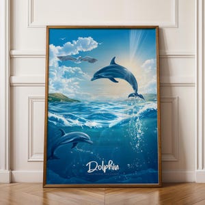 Stampa artistica da parete con delfini - Poster con fauna marina, illustrazione di animali marini, decorazione naturalistica, arte costiera, regalo per gli amanti del mare