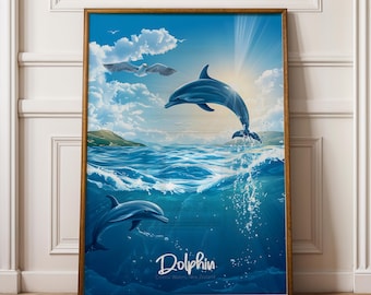 Dolphin Wall Art Print: Tropical Ocean Wildlife Illustration