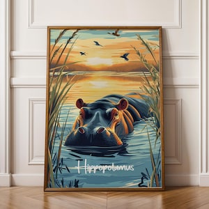 Poster da parete con ippopotamo - Stampa artistica di animali selvatici per cameretta dei bambini e decorazioni safari, splendida illustrazione di un ippopotamo come regalo