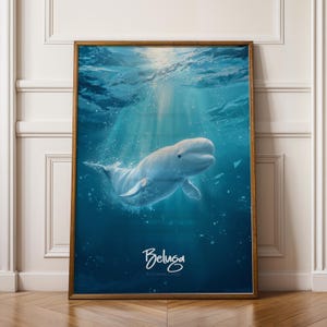 Beluga Whale Wall Art Framed Poster – Ocean Animal Decor for Kids Room or Nursery, Marine Wildlife Print, Soothing Nature Gift