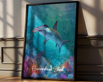Hammerhead Shark Framed Poster: Kids Nursery Ocean Wall Art
