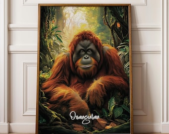 オランウータンの絵画、オランウータンのアート、母親と赤ちゃん、子供