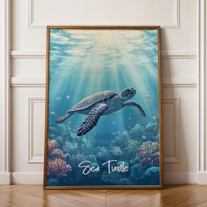 Stampa artistica da parete con tartaruga marina - Poster con animali dell'oceano, illustrazione di fauna marina, decorazione per la casa costiera, regalo per gli amanti del mare
