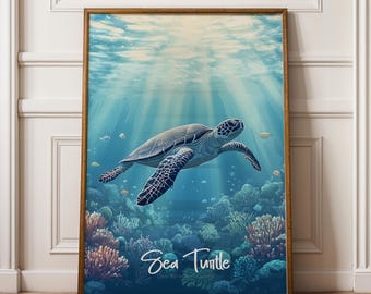 Sea Turtle Art Print: Coastal Marine Wildlife Illustration
