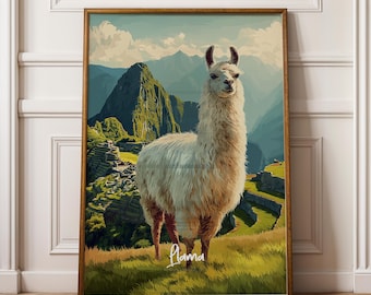 May include: A framed wall art print featuring a white llama standing in a grassy field with the ancient stone ruins of Machu Picchu and towering green mountains in the background. The word "llama" is written in white script at the bottom.