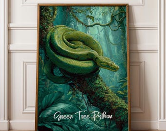 Pôster emoldurado de píton-árvore verde: arte de parede para répteis em viveiro na selva