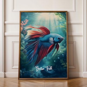 Peut inclure: Une impression encadrée d'un poisson Betta dans un environnement aquatique. Le poisson est bleu avec des nageoires rouges et blanches, sur fond de plantes vertes et de bulles. Le texte "Betta Fish" est écrit en blanc en bas.