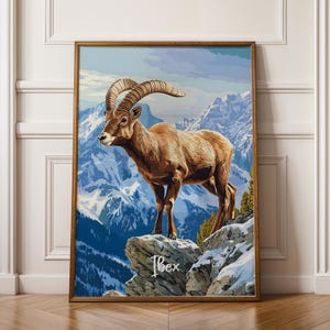 Decorazione da parete con stambecco - Stampa di animali di montagna per soggiorno, regalo per gli amanti della natura, decorazione da parete rustica per baita, moderna opera d'arte sulla fauna selvatica.