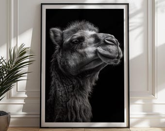 Black and White Camel Print: Desert Wildlife Poster, Monochrome Animal Decor