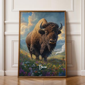 Stampa da parete raffigurante un bisonte, arte rustica con animali per l'arredamento della casa, illustrazione di un bufalo in stile vintage, regalo per gli amanti della natura, decorazione per la stanza con animali selvatici.