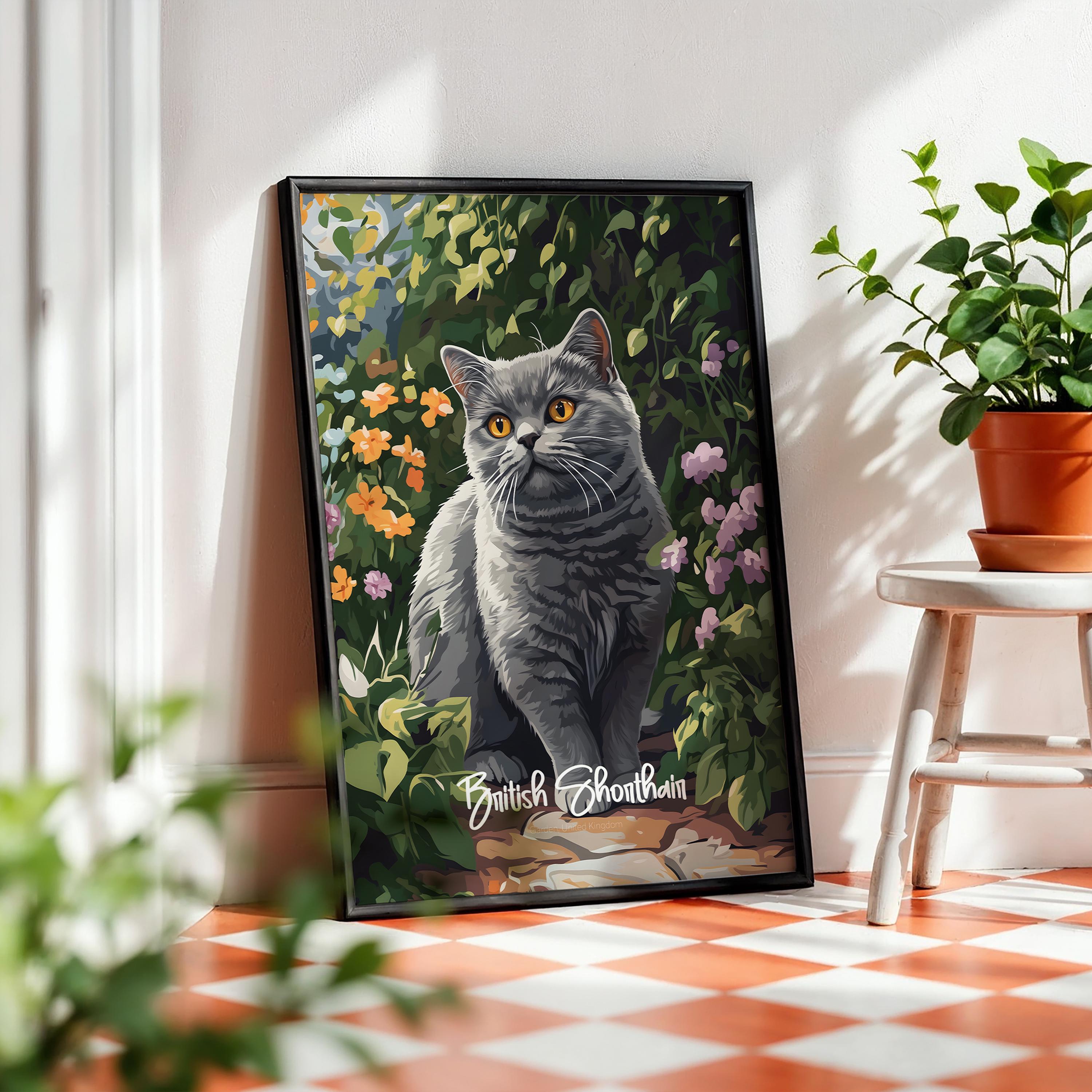 ブリティッシュショートヘアの猫の額入りポスター：モダンなインテリア
