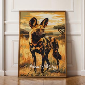 Poster da parete raffigurante un cane selvatico africano, stampa di animali da safari, decorazione per la casa con animali selvatici, regalo per gli amanti della natura, illustrazione unica di un animale africano.