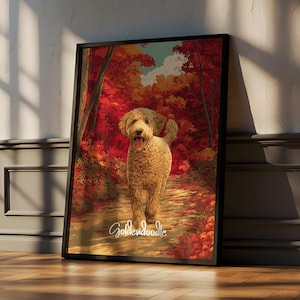 Poster incorniciato con motivo Goldendoodle da parete – Decorazione carina con cane per cameretta o asilo nido, stampa di un soffice animale domestico, regalo giocoso a tema animale.