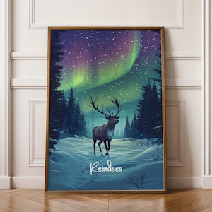 Poster decorativo da parete con renne, stampa artistica natalizia rustica, decorazione natalizia nordica per la casa, illustrazione di animali selvatici invernali, idea regalo stagionale